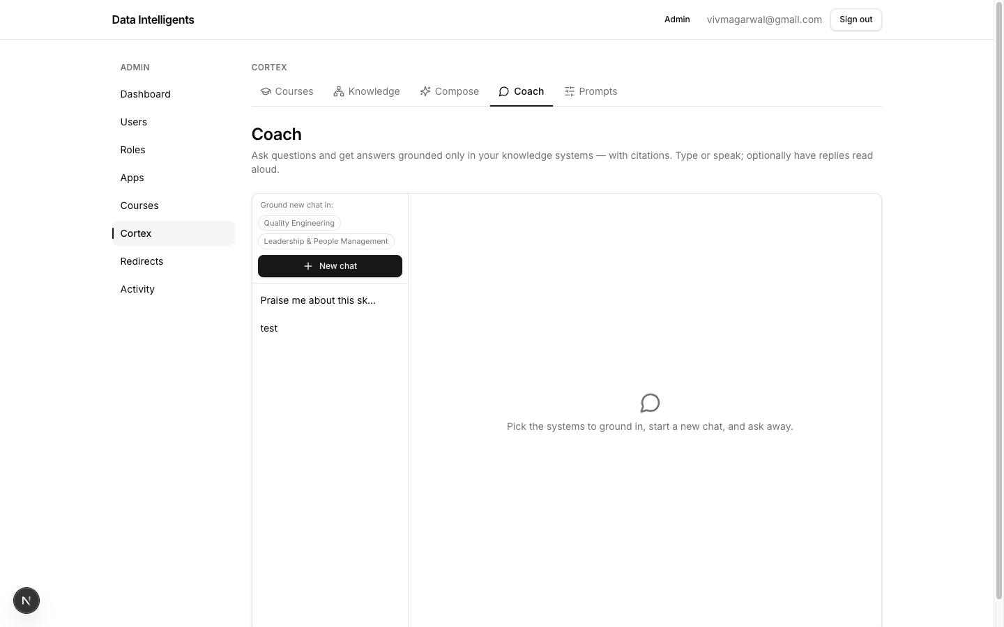 The grounded text coach: pick which knowledge to ground in on the left, then ask questions and get answers with citation chips.