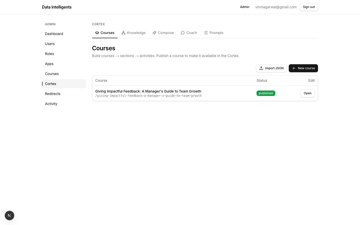 The Cortex admin home, with the five-tab sub-nav (Courses, Knowledge, Compose, Coach, Prompts) that appears on every screen.