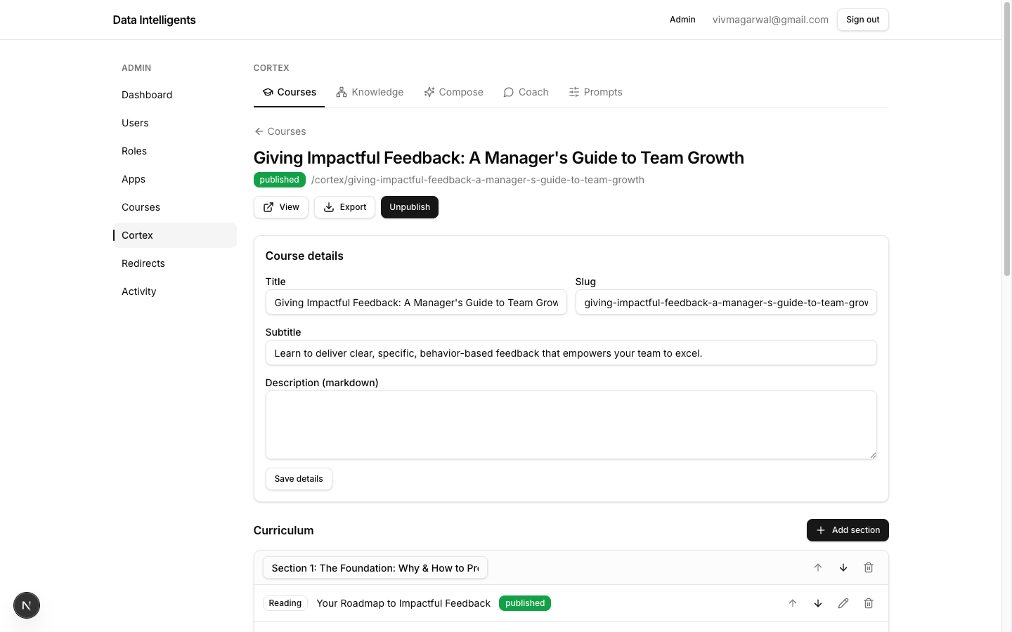 The course builder: details up top, curriculum below — sections holding activities you can add, reorder and edit.