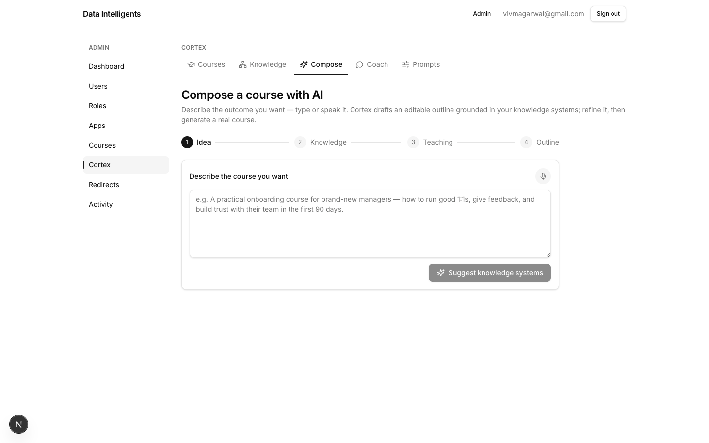 The AI Compose wizard: Idea → Knowledge → Teaching → Outline, with a checkpoint at each step.