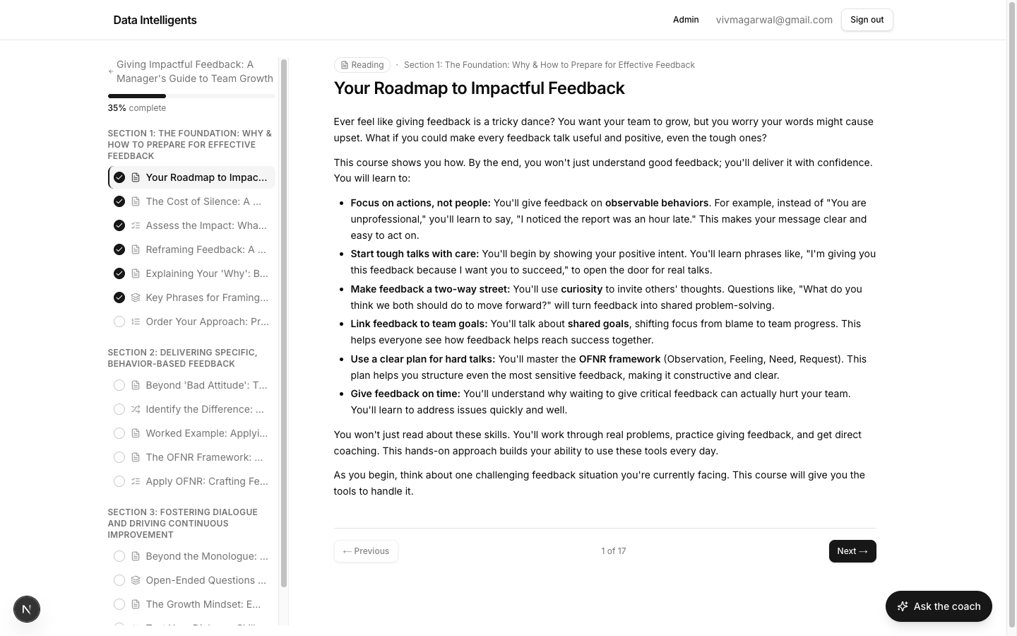 The course player — sidebar with progress and activity list on the left, the current activity on the right.